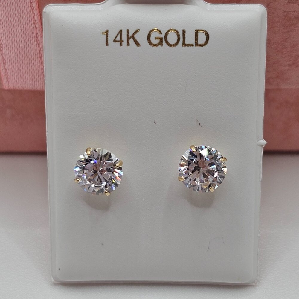 14KT Gold Clear Round CZ 6mm Stud Earrings
